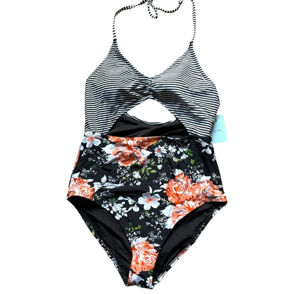☀️ Floral and Stripe Printed Halter with Cut-Out One Piece Swimsuit - Picture 2 of 6